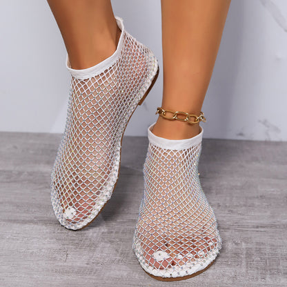 Fishnet stockings hollow low heel flat sandals