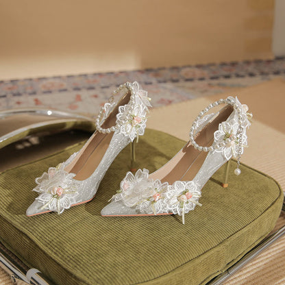 Pointed lace flower pearl high heels