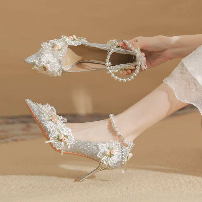 Pointed lace flower pearl high heels