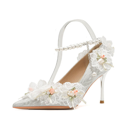 Pointed lace flower pearl high heels