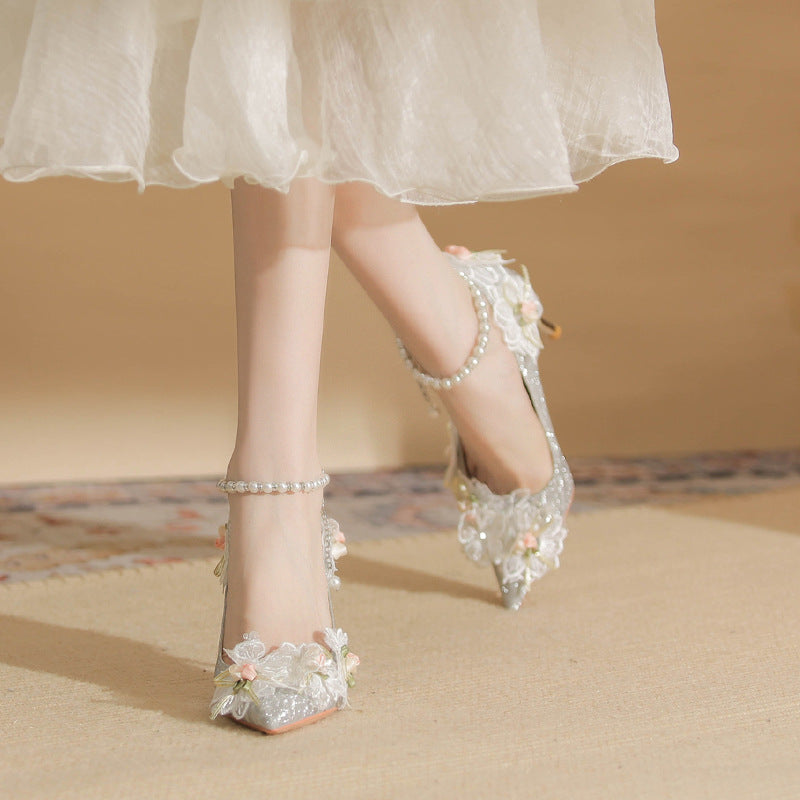 Pointed lace flower pearl high heels