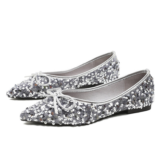 Pointed toe bow sequined flats