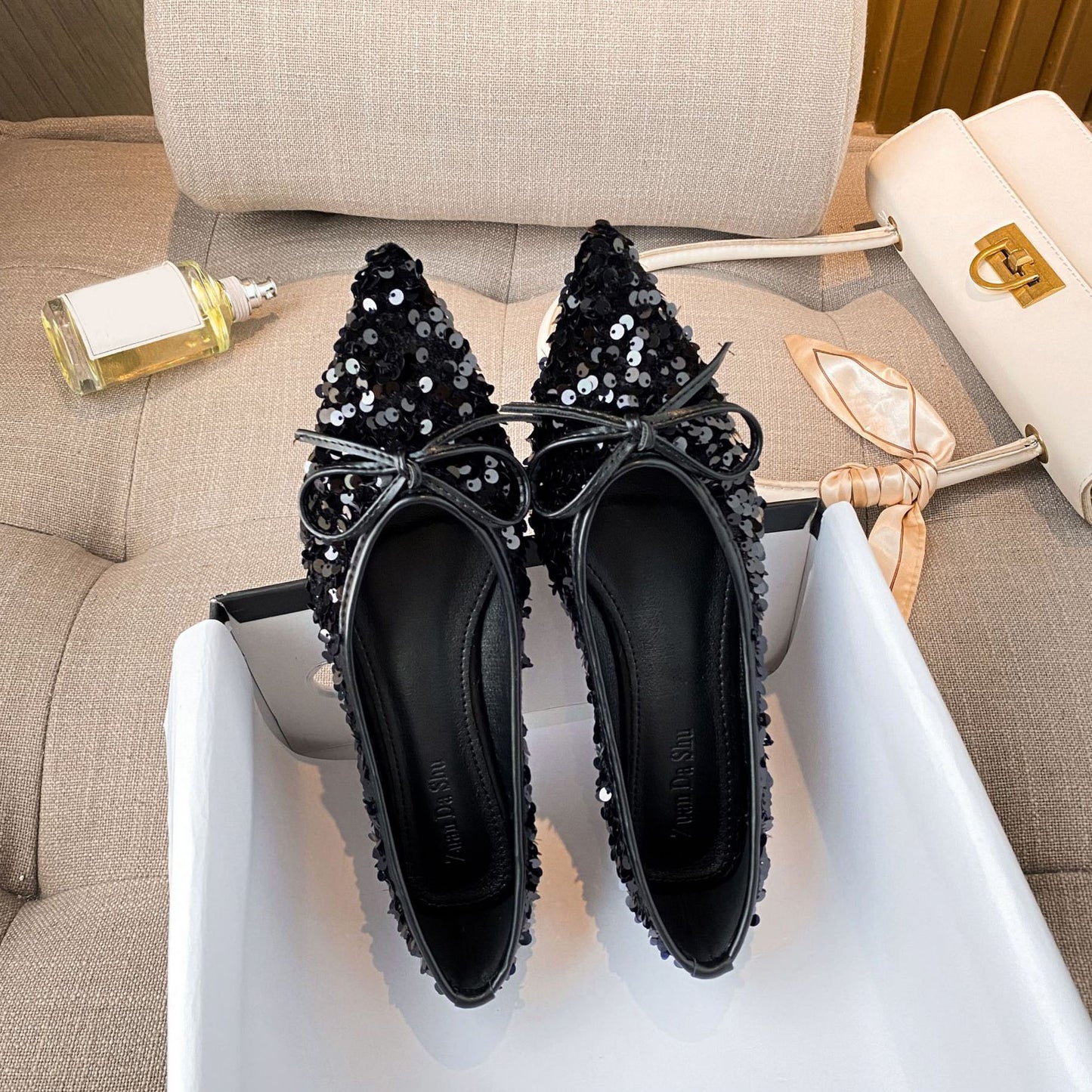 Pointed toe bow sequined flats