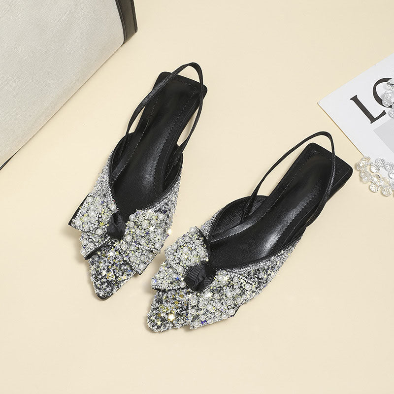 Pointed rhinestone bow flat sandals