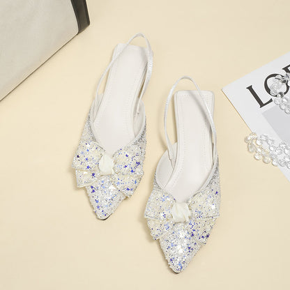 Pointed rhinestone bow flat sandals