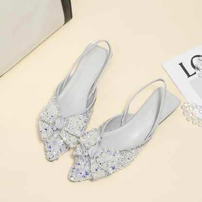 Pointed rhinestone bow flat sandals