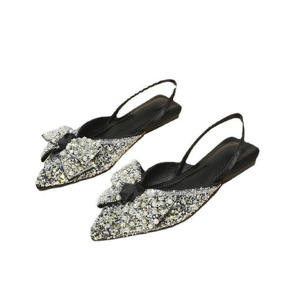 Pointed rhinestone bow flat sandals