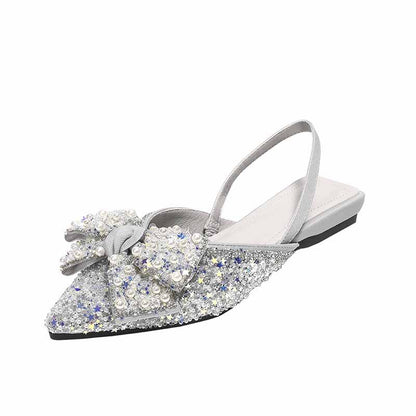 Pointed rhinestone bow flat sandals