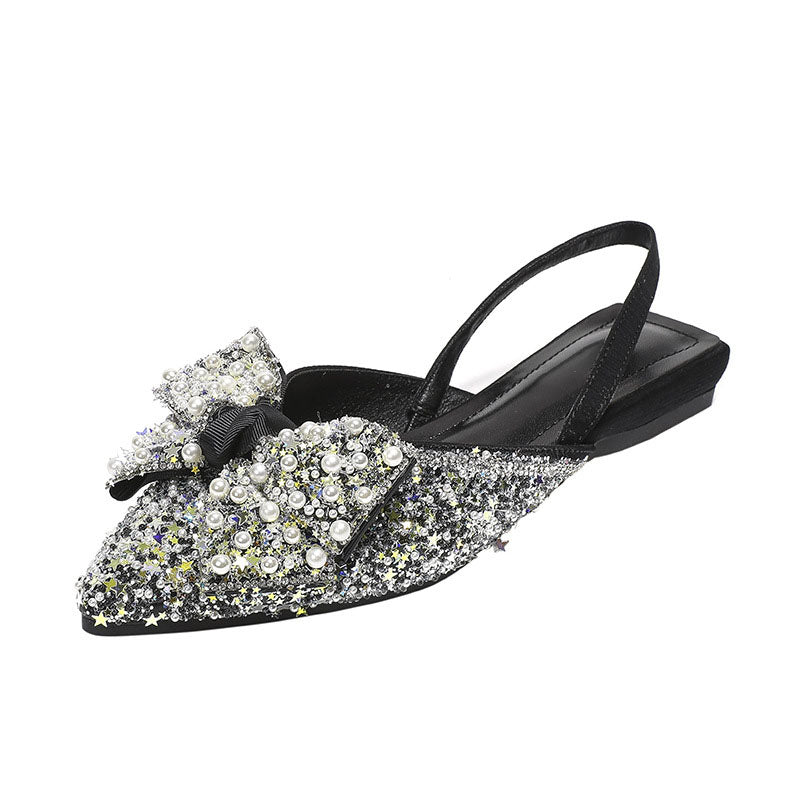 Pointed rhinestone bow flat sandals