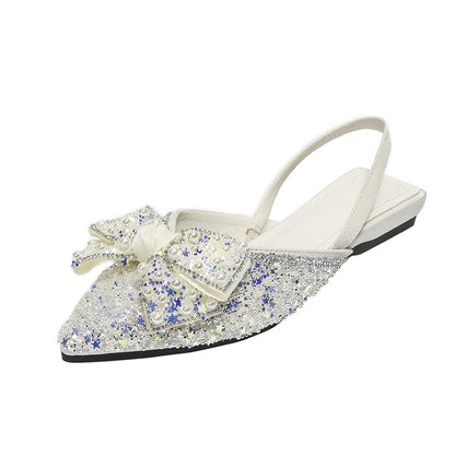 Pointed rhinestone bow flat sandals