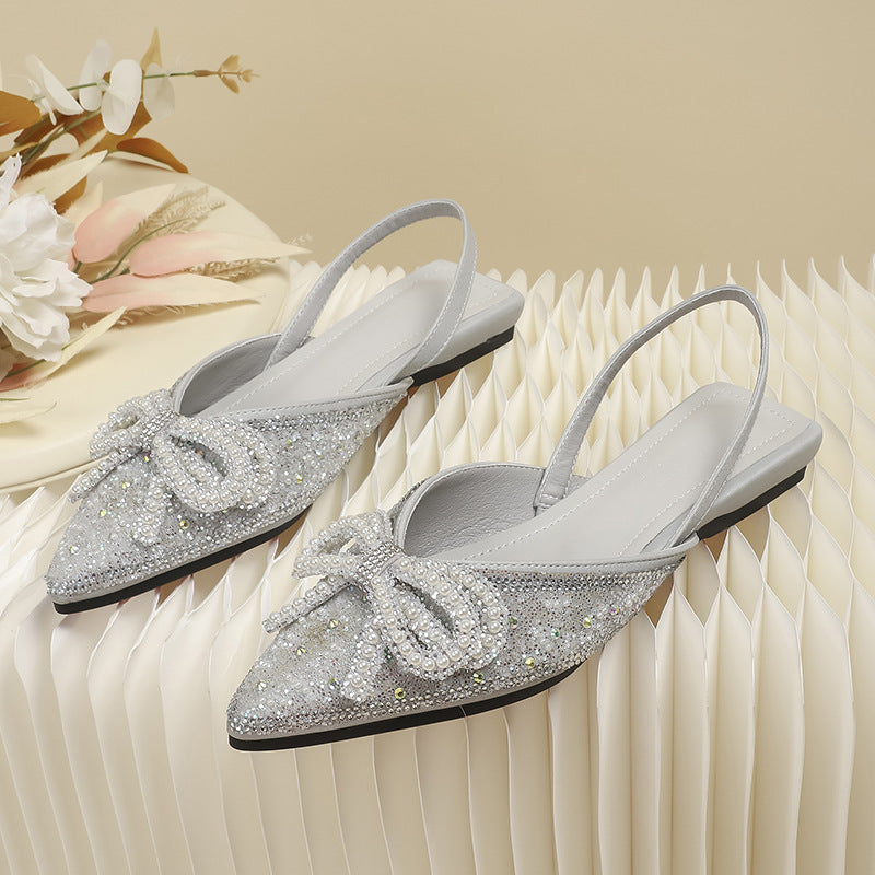 Pointed toe double bow rhinestone sandals