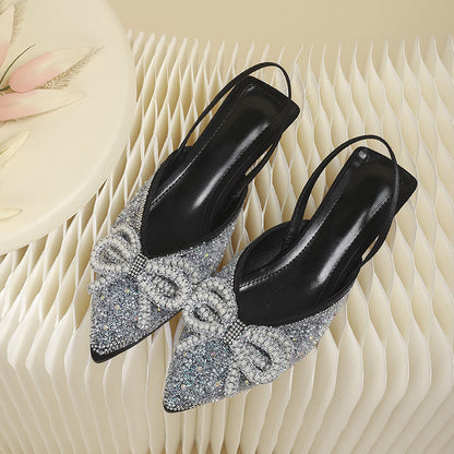 Pointed toe double bow rhinestone sandals