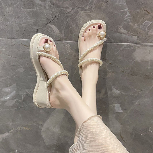 Beaded thong toe wedge sandals