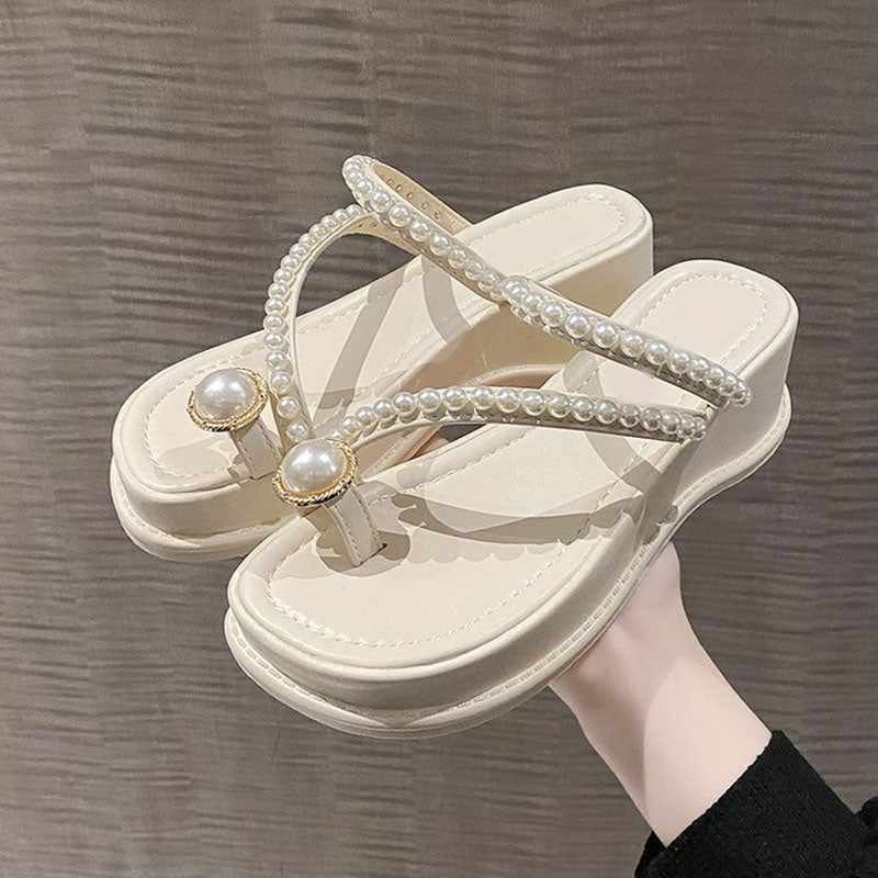 Beaded thong toe wedge sandals