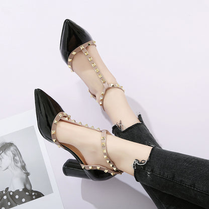 Pointed toe chunky studded high heel sandals