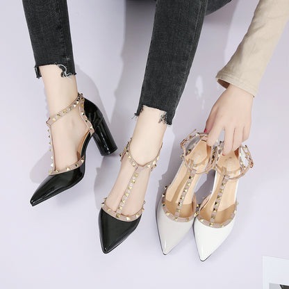 Pointed toe chunky studded high heel sandals