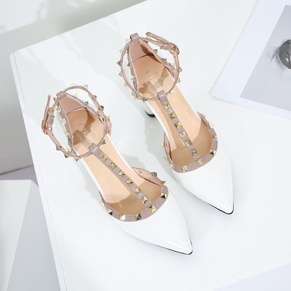 Pointed toe chunky studded high heel sandals