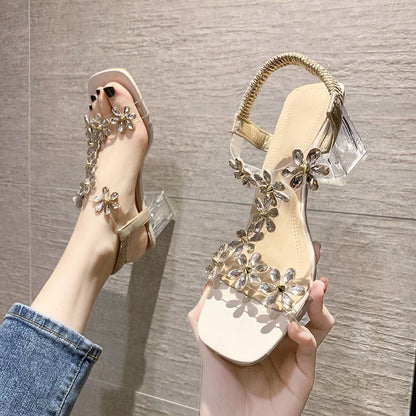 Crystal flower transparent high heels