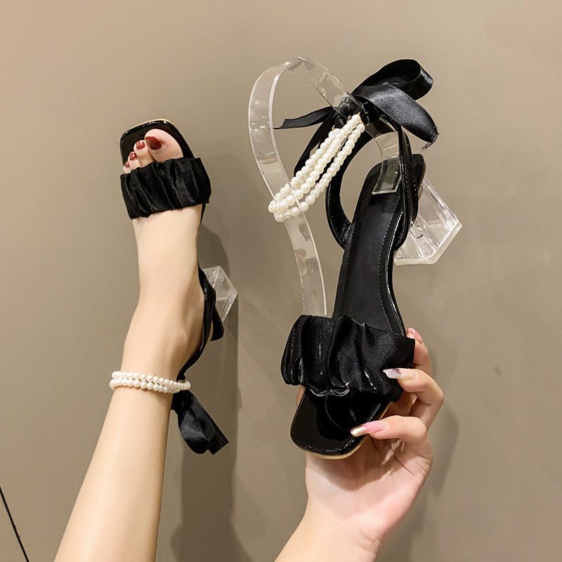 Pearl strappy block heel sandals